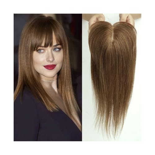 Haarteil Frauen 4"x5,5" Remy-Echthaar-Topper-Perücken mit Pony, Seidenbasis, Clip-Stücke in der Haarverlängerung, Topper-Haar for Frauen Haar Extensions(Ombre Dark Brown) von lskdnrufh