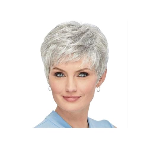 Haarteil Frauen Kurze graue Perücken for weiße Frauen, gemischte grau-silberne lockige Perücken mit Pony, synthetische Kurzhaarperücken Haar Extensions von lskdnrufh