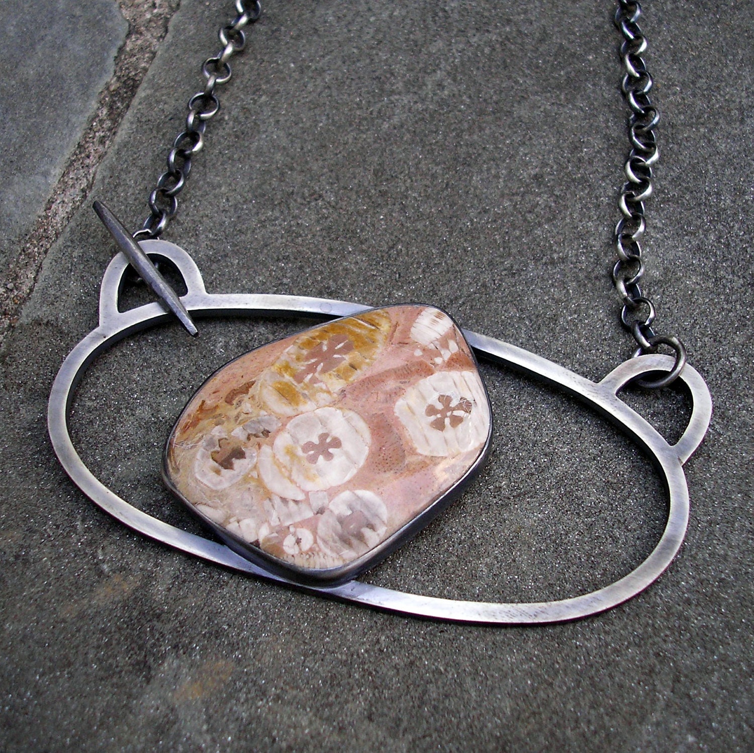 Fossilien Halskette - Sterling Silber Pastel Stein Großer Statement von lsueszabo