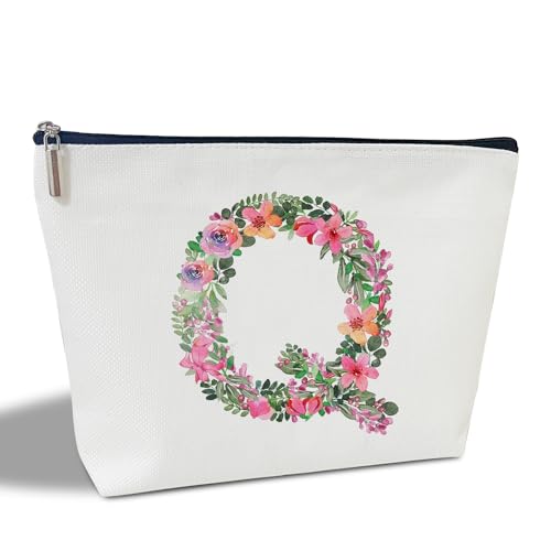 Initial Letter Q Gifts for Women Mom Friend Besties Sister, Flower Monogrammed Makeup Bag, Cosmetic Travel Bag with Zipper for Mother's Day Wedding Graduation, Bride Bridesmaid Pouch Toiletry Bag - von ltazhyi