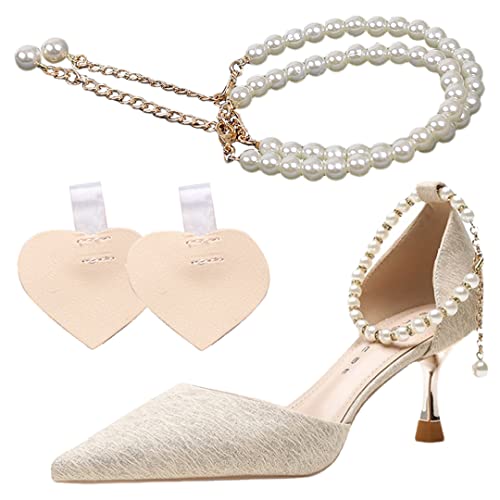 1 Paar Perlen-Schuhriemen mit selbstklebendem Fersenkissen, abnehmbare Knöchelriemen, Gürtelband für High Heels, Pumps, flache Sandalen, Perlenriemen ohne Strasssteine, goldfarben, Medium von luchike