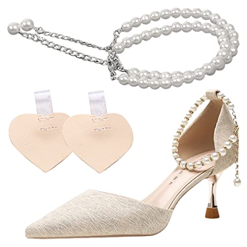 luchike 1 Paar Perlen Schuhriemen mit Selbstklebend Fersenkissen Abnehmbare Knöchelriemen Gürtelband für High Heels Pumps Flache Sandalen, Perlenband ohne Strass silber, Medium von luchike