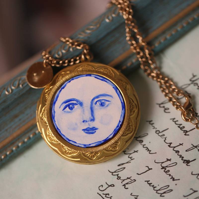 Original Handbemaltes Gesicht Medaillon Halskette Blau Und Weiss Schmuck Auge Original Handbemaltes Gesicht Medaillon Halskette Blau Und Weiss Schmuck Auge von luckinee