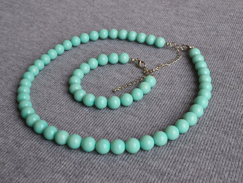 Perlen Set, Mint Blaue Halskette, Perlenarmband, Baby Perlen, Glasperlen Perlenkette, Hochzeit Geschenkhochzeitskette von luckyjewelry8