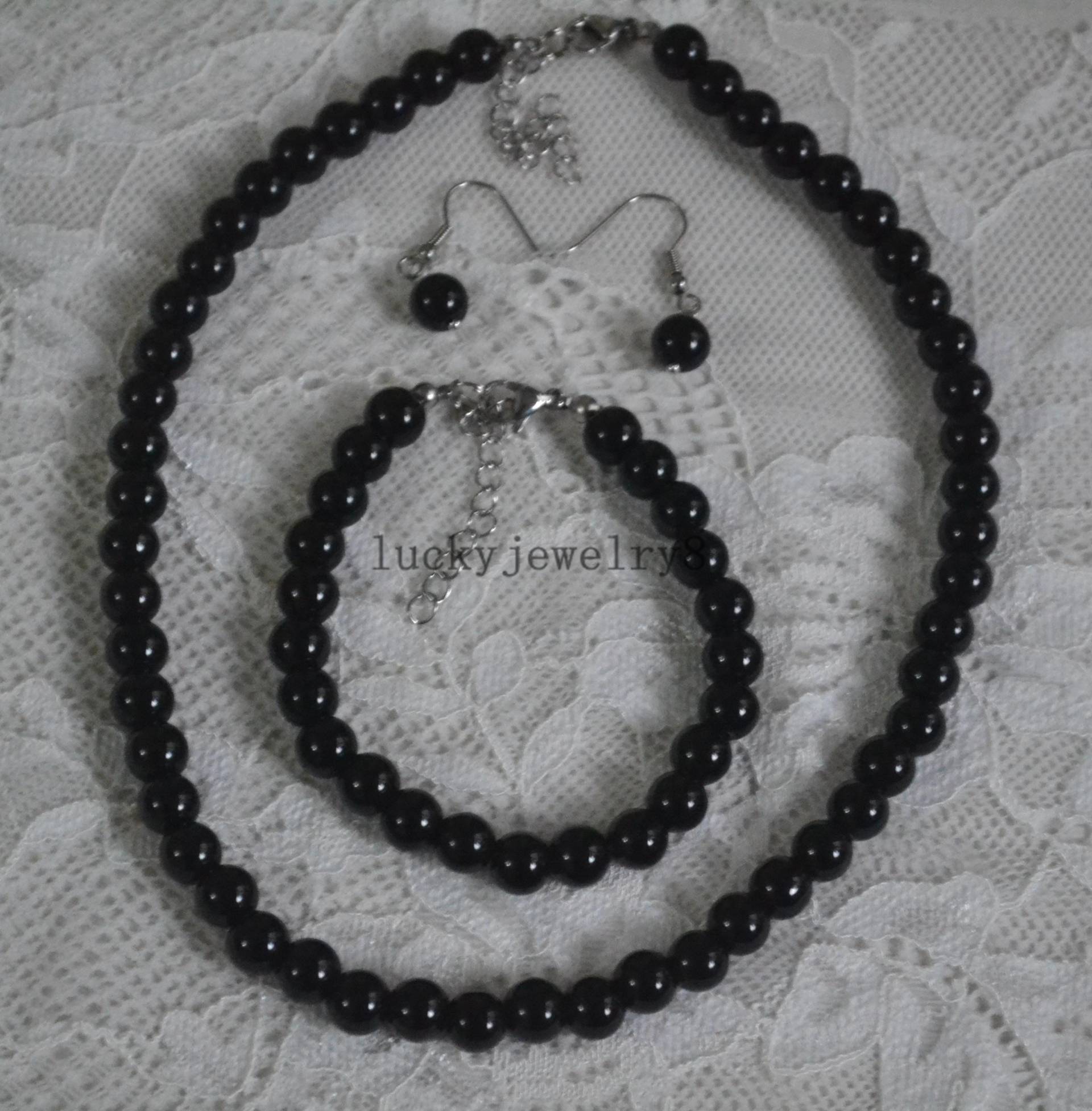 Perlenset, Schwarze Perlenkette, Perlenarmband, Perlenohrringe, Glasperlen, Brautjungfer Geschenke, Perlenschmuck, Hochzeitskette, Party von luckyjewelry8