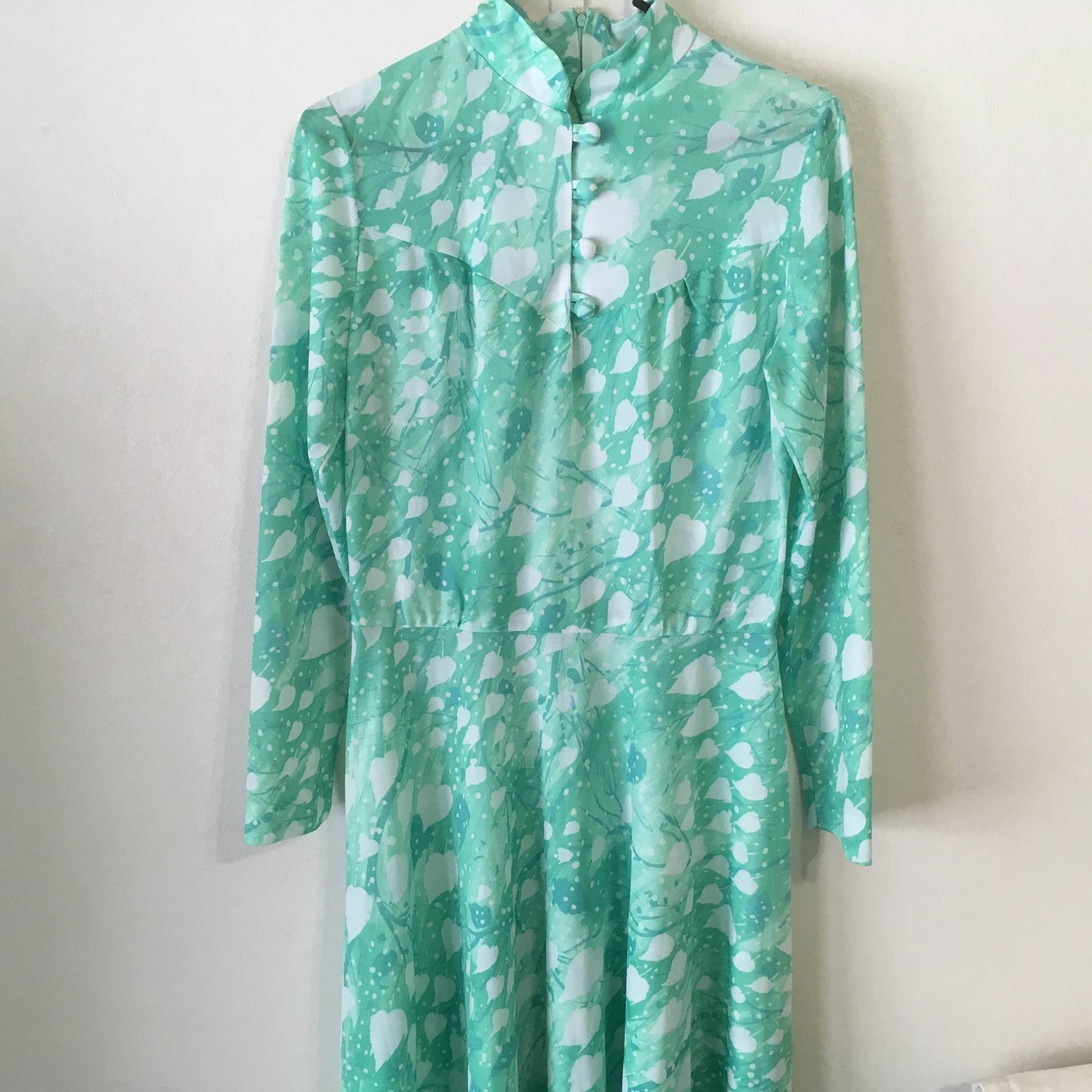 Vintage Bleeker Straße Sekretärin Kleid Lange Ärmel Grün Weiß Schiere Reißverschluss Zurück Bescheidene Kirche Kleidung von luckyrosiescreations