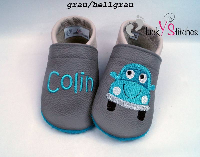 Krabbelschuhe, Lederpuschen, Auto, Name, Personalisierbar von luckystitchesShop