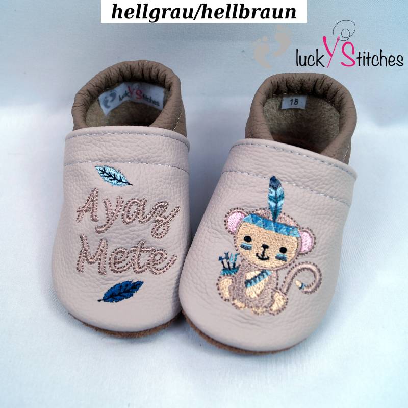 Krabbelschuhe, Lederpuschen, Boho -Affe, Name, Personalisierbar von luckystitchesShop