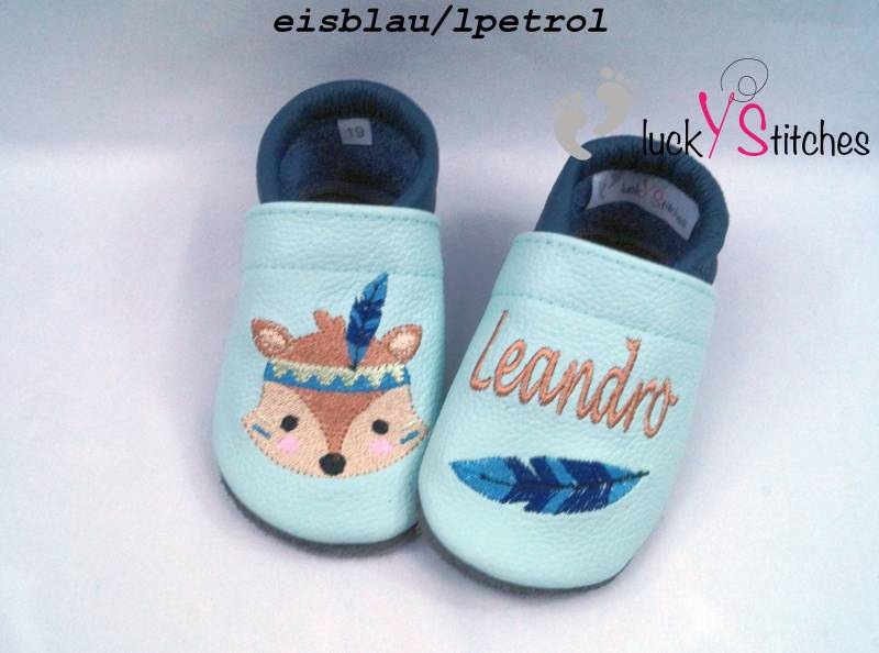 Krabbelschuhe, Lederpuschen, Boho -Fuchs, Name, Personalisierbar von luckystitchesShop