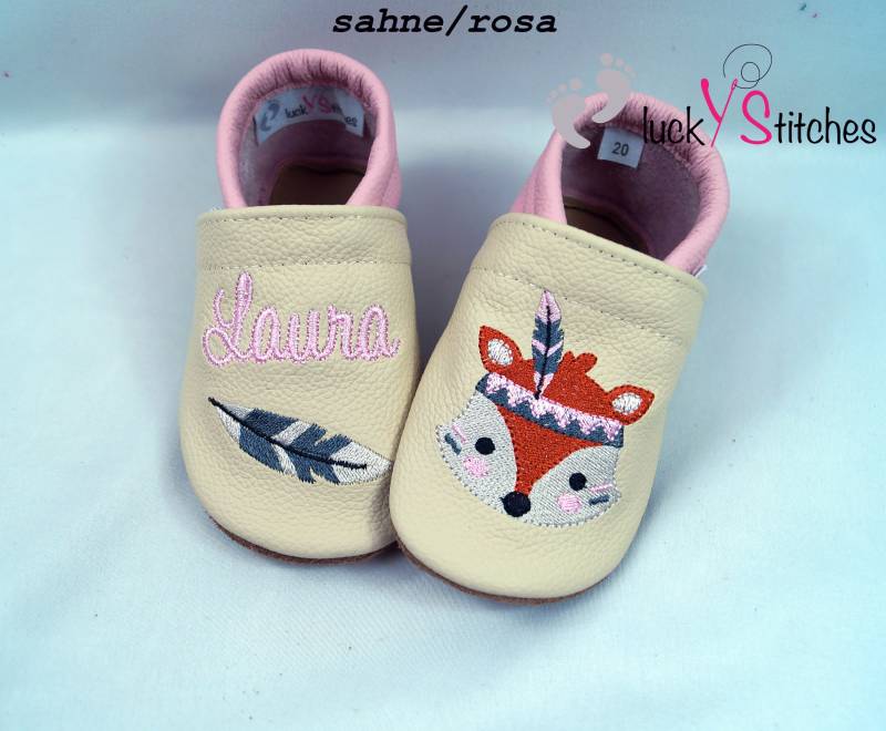 Krabbelschuhe, Lederpuschen, Boho -Fuchs, Name, Personalisierbar von luckystitchesShop