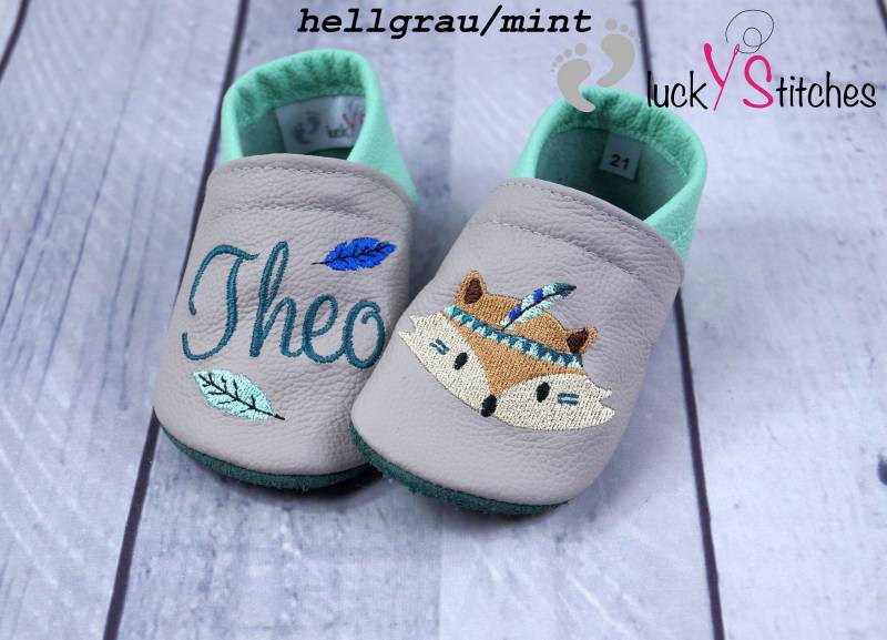 Krabbelschuhe, Lederpuschen, Boho-Fuchs, Name, Personalisierbar von luckystitchesShop
