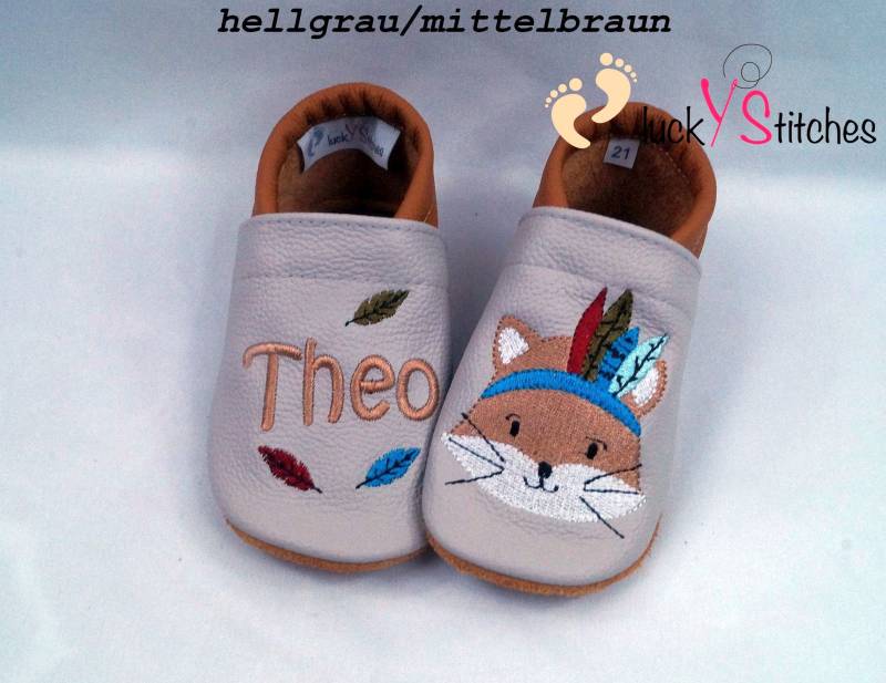 Krabbelschuhe, Lederpuschen, Boho-Fuchs, Name, Personalisierbar von luckystitchesShop