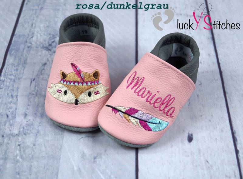 Krabbelschuhe, Lederpuschen, Boho-Fuchs, Name, Personalisierbar von luckystitchesShop