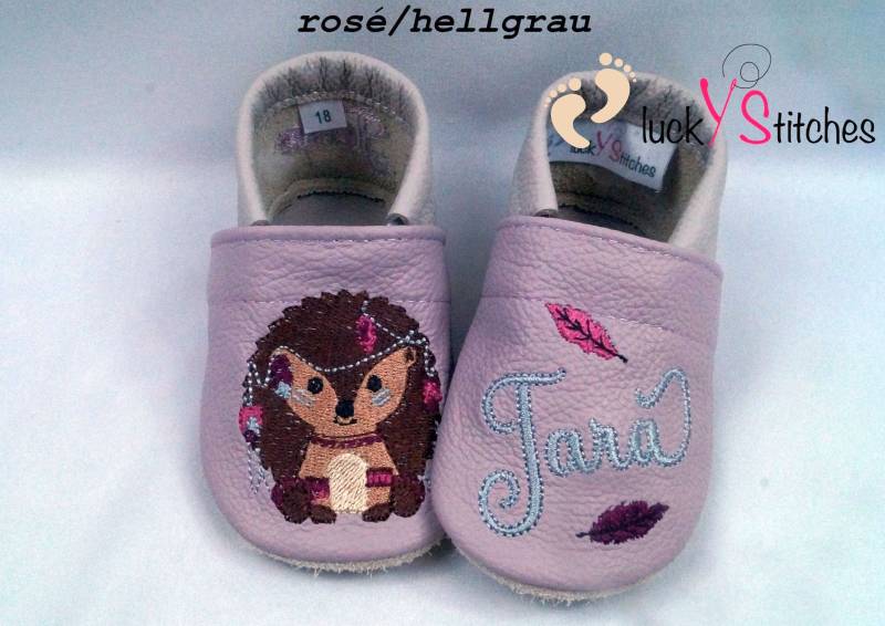 Krabbelschuhe, Lederpuschen, Boho-Igel, Name, Personalisierbar von luckystitchesShop