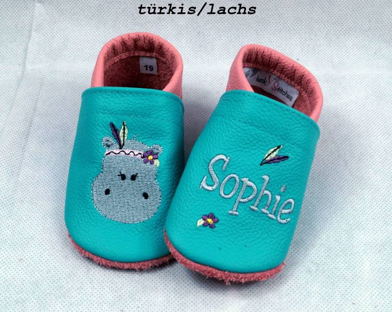 Krabbelschuhe, Lederpuschen, Boho - Nilpferd Mädchen, Name, Personalisierbar von luckystitchesShop
