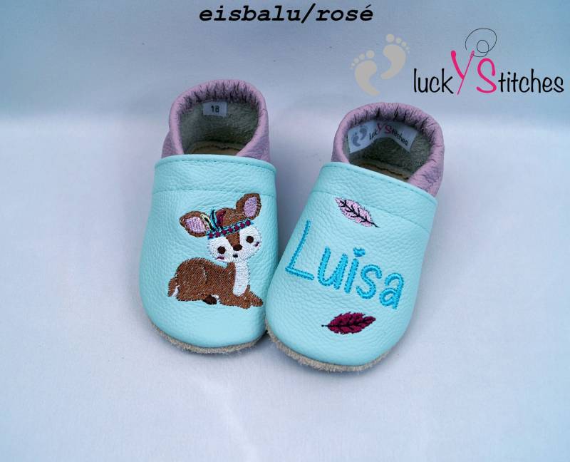 Krabbelschuhe, Lederpuschen, Boho - Reh, Name, Personalisierbar von luckystitchesShop