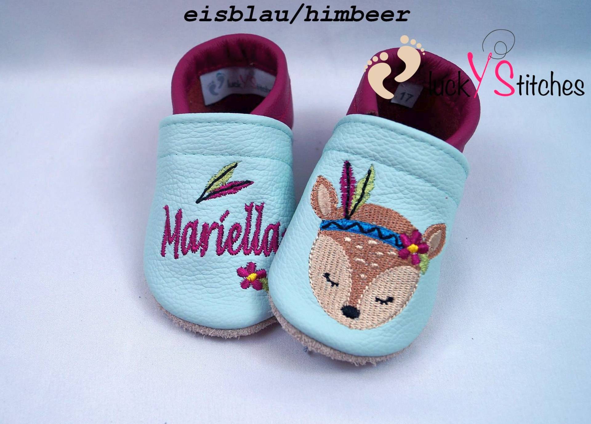 Krabbelschuhe, Lederpuschen, Boho-Reh, Name, Personalisierbar Krabbelschuhe, Lederpuschen, Boho-Reh, Name, Personalisierbar von luckystitchesShop