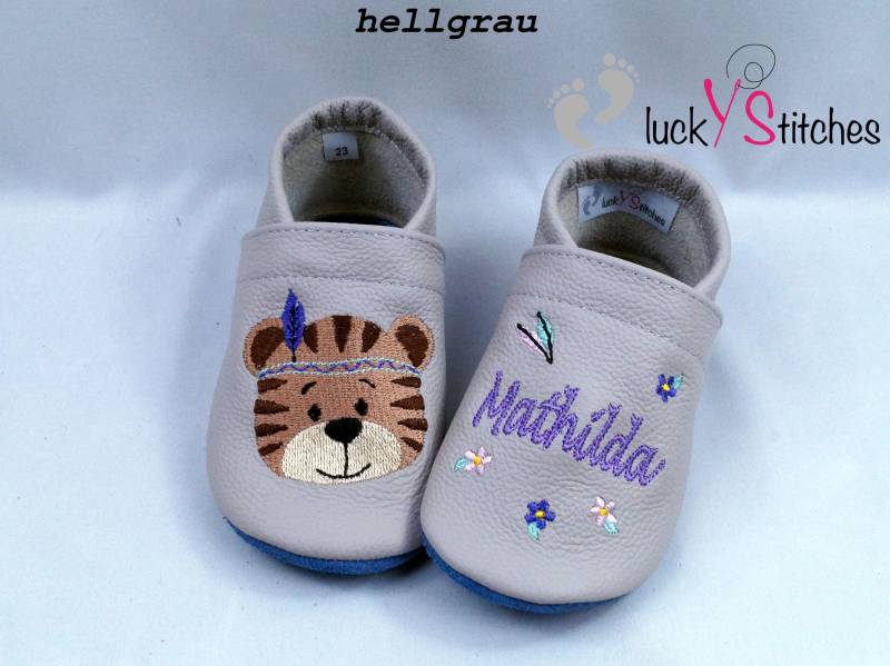 Krabbelschuhe, Lederpuschen, Boho-Tiger, Name, Personalisierbar von luckystitchesShop