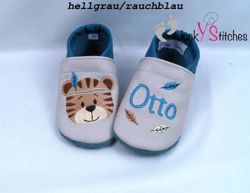 Krabbelschuhe, Lederpuschen, Boho-Tiger, Name, Personalisierbar von luckystitchesShop