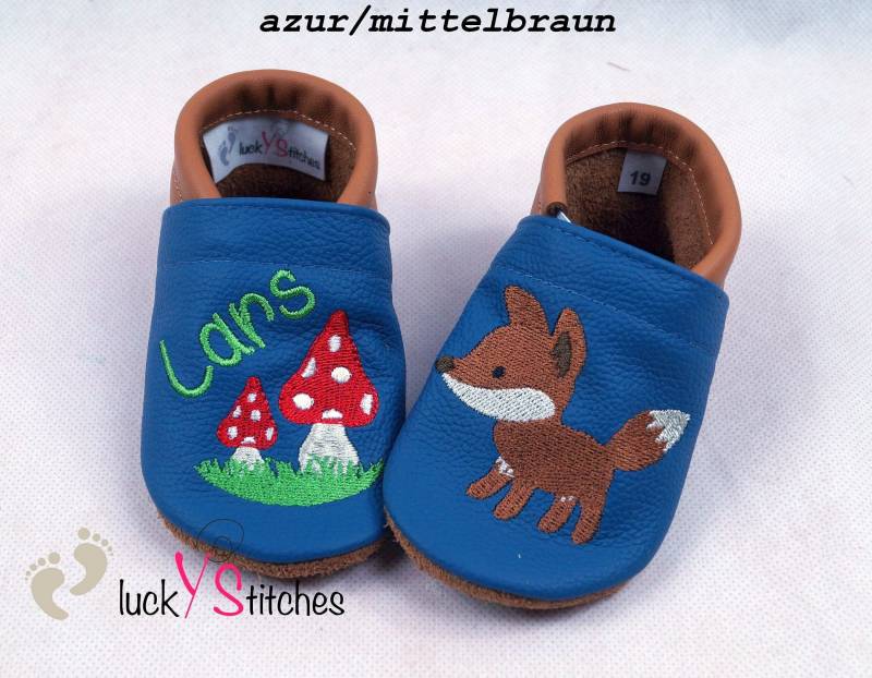 Krabbelschuhe, Lederpuschen, Fuchs Mit Pilz Oder Bättern, Name, Personalisierbar von luckystitchesShop