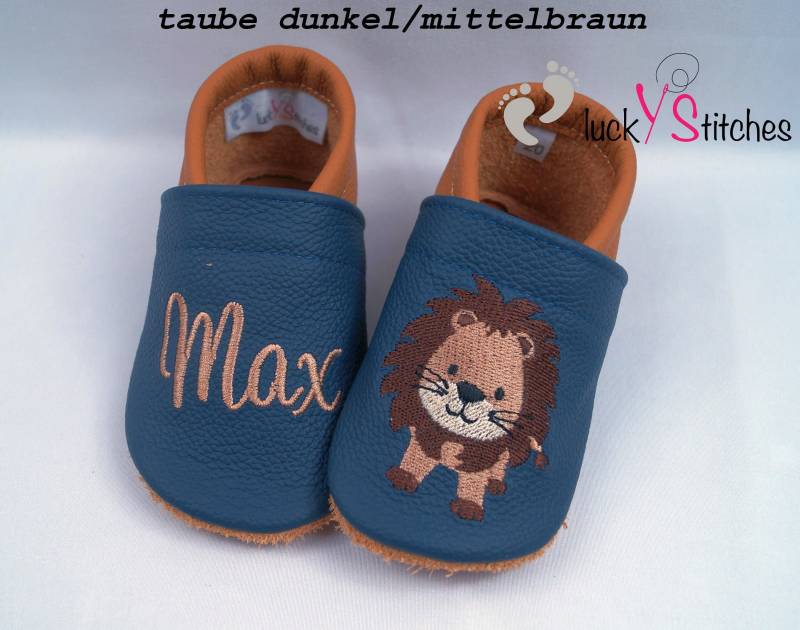 Krabbelschuhe, Lederpuschen, Löwe, Name, Personalisierbar von luckystitchesShop