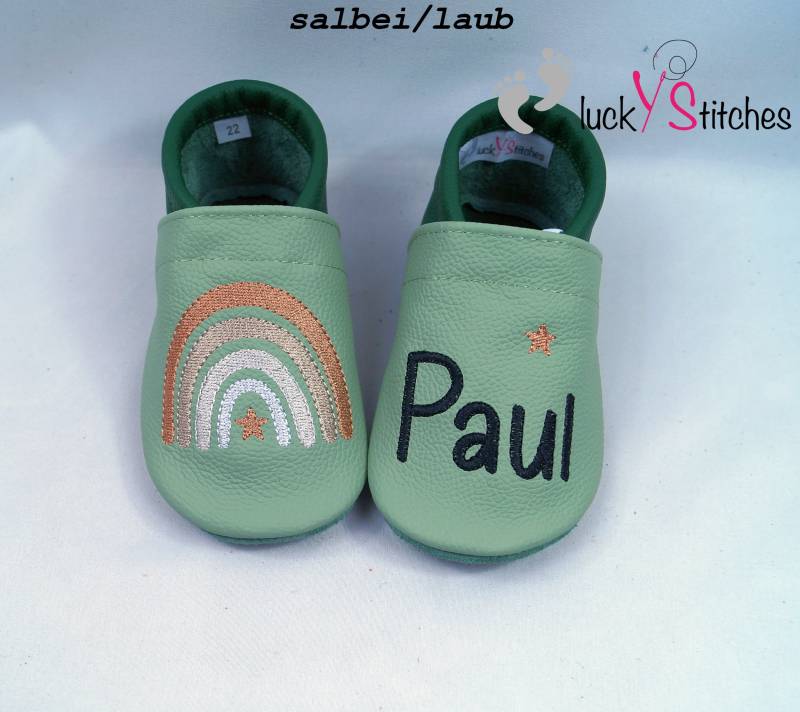 Krabbelschuhe, Lederpuschen, Regenbogen Mit Stern, Name, Personalisierbar von luckystitchesShop