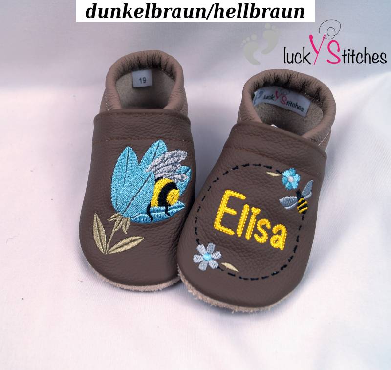 Krabbelschuhe, Lederpuschen , Biene in Blume, Name, Personalisierbar von luckystitchesShop