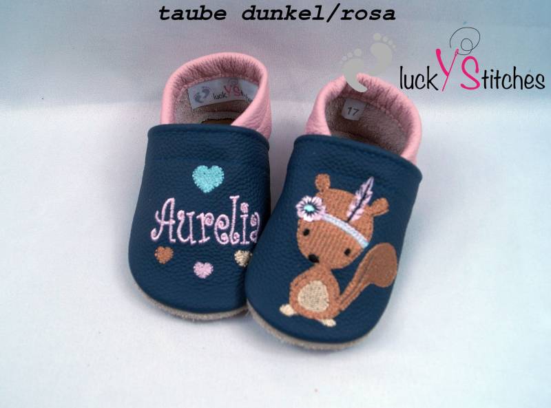 Krabbelschuhe, Lederpuschen , Boho - Eichhörnchen, Name, Personalisierbar von luckystitchesShop