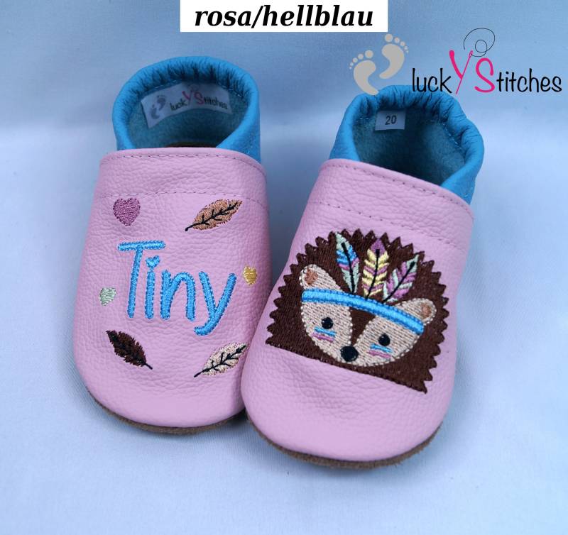 Krabbelschuhe, Lederpuschen , Boho - Igel Name, Personalisierbar von luckystitchesShop