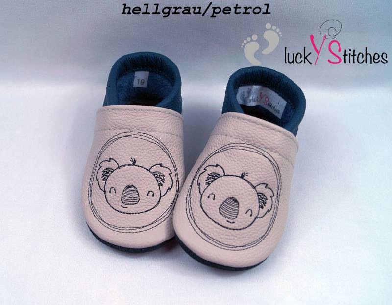 Krabbelschuhe, Lederpuschen , Koala, Redwork, Name, Personalisierbar von luckystitchesShop