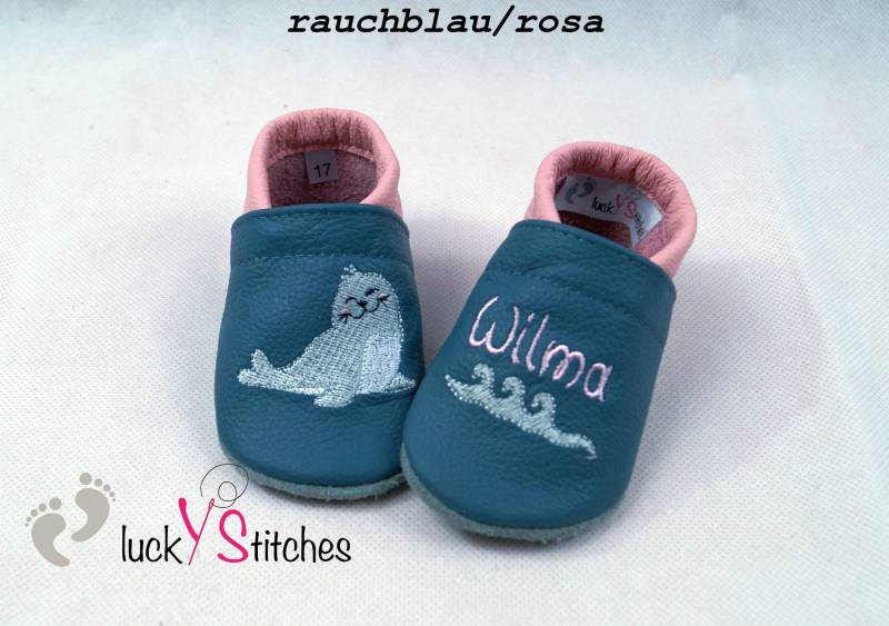 Krabbelschuhe, Lederpuschen , Robbe, Name, Personalisierbar von luckystitchesShop