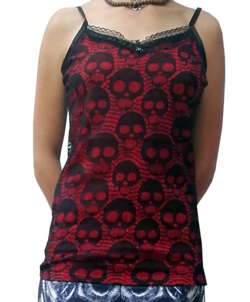 Gothic Lady Top Red Black Skull Net von lucyfirefashion