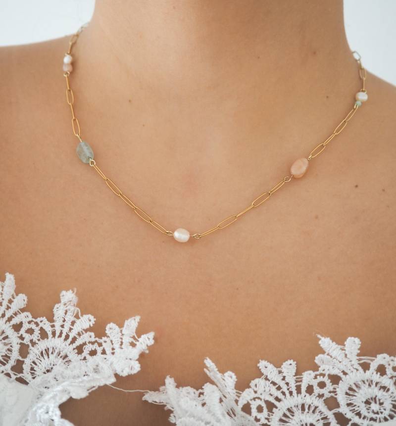 Süßwasser Perlen Halskette Naturstein Edelstahl Kette von lunaejewelryshop