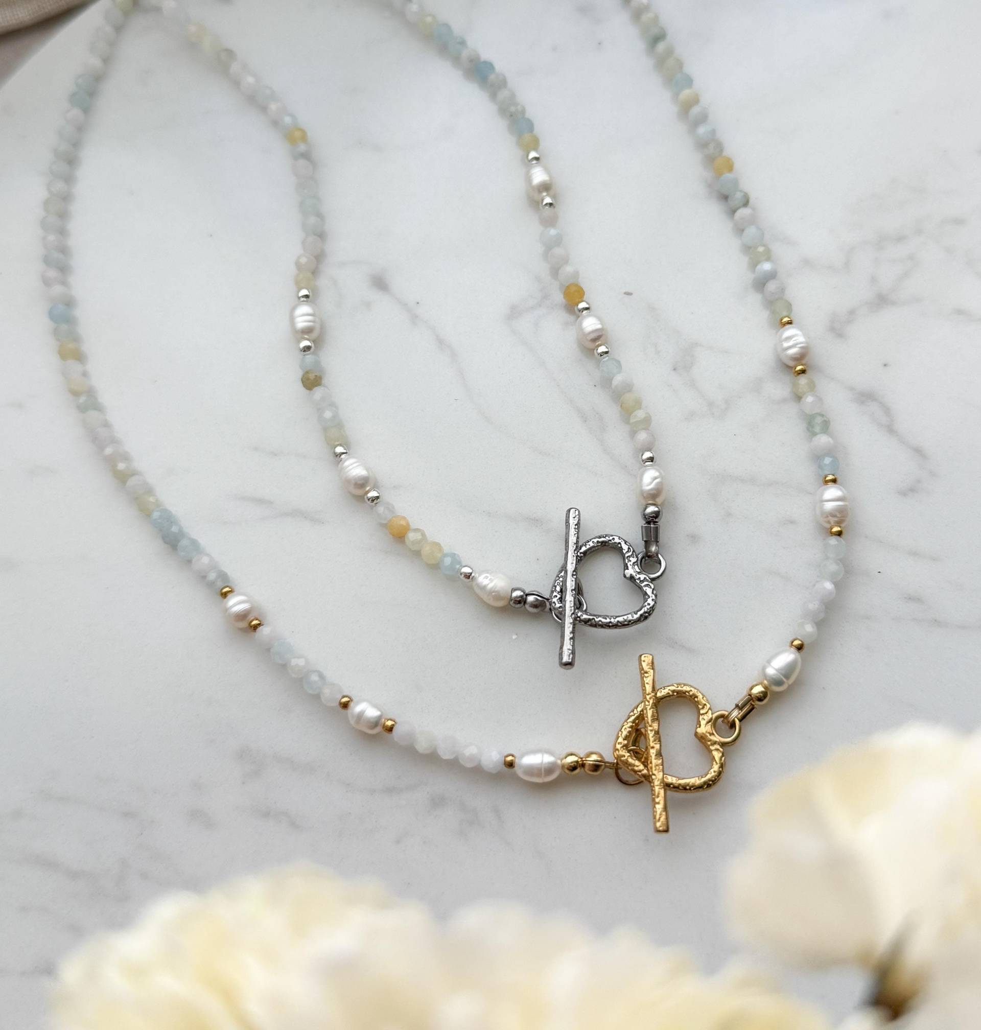 Perlenkette Edelstahl, Süsswasserperlen, Herzverschluss von lunaejewelryshop