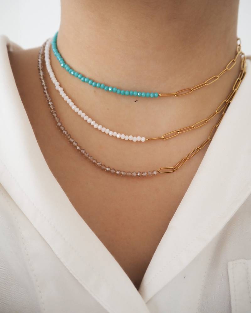 Zirkonia Perlen Layer Halskette Edelstahl, Aqua Pink Beige von lunaejewelryshop