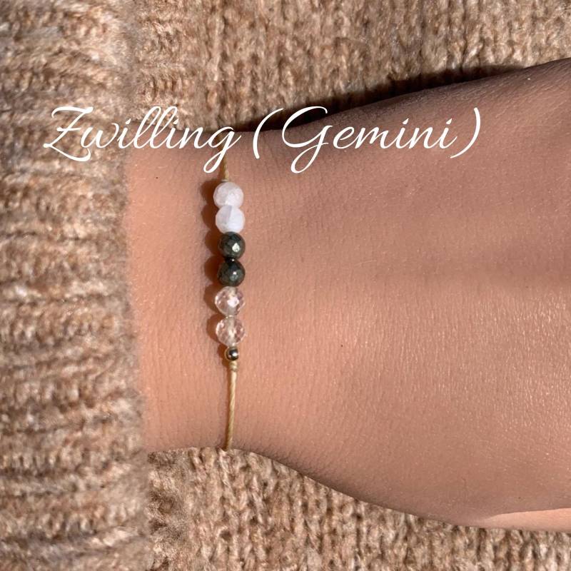 Zwilling Gemini Sternzeichen Armband Edelsteinarmband Mondstein Pyrit Bergkristall 14K Gold Filled 925 Silber von lunevillage