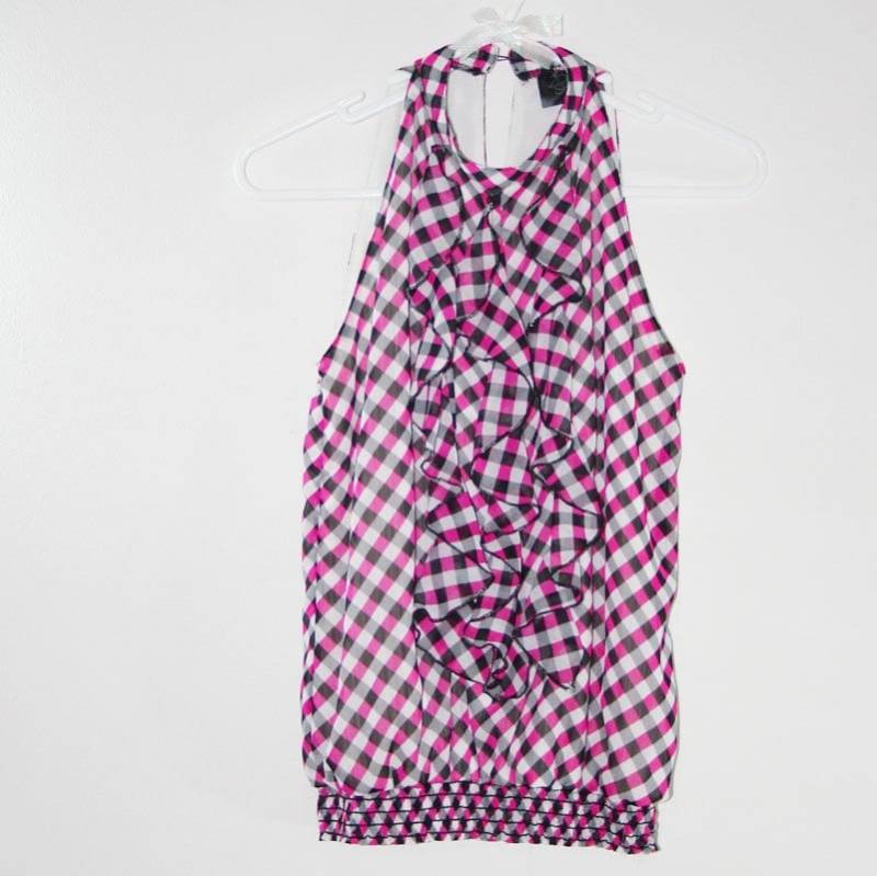 Retro Disco Stil Rosa Schwarz Weiß Rüsche Vorne Ärmellose Sommer Chiffon Tops S von lunlalunla