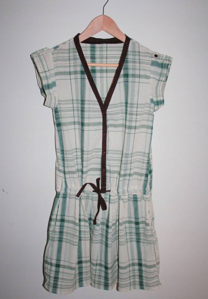 Vintage Streifen String Grün Stirnbesatz Beige Off White Earth Tone Lang Kariertes Shirt Kleid S Vintage Streifen String Grün Stirnbesatz Beige Off White Earth Tone Lang Kariertes Shirt Kleid S von lunlalunla