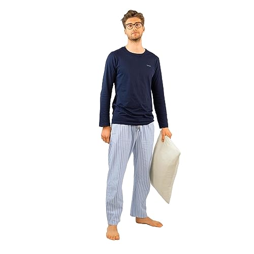 lunon Schlafanzug Herren lang | MIT Geschenkverpackung | Pyjama Set, 100% Baumwolle, Langarm, Pijama for Men, Zeitloses Design, geeignet für Winter und Sommer (2-teiliges Set, Blau Gestreift, M) von lunon