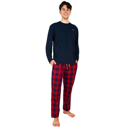lunon Schlafanzug Herren lang | MIT Geschenkverpackung | Pyjama Set, 100% Baumwolle, Langarm, Pijama for Men, Zeitloses Design, geeignet für Winter und Sommer (2-teiliges Set, Rot Kariert, XXL) von lunon
