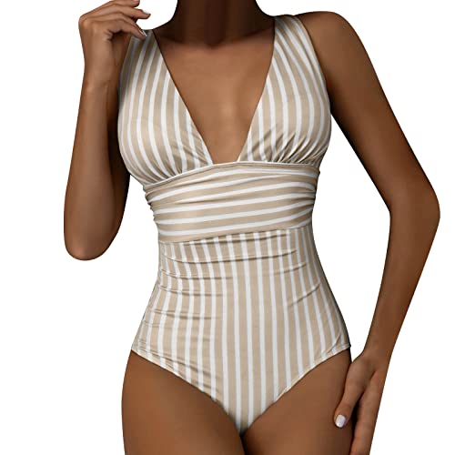 Damen-Badeanzüge, gestreift, vorne auf Badeanzügen, hohl, Monokini, beige, S von luohaibell