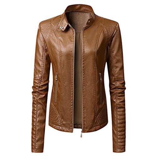 Damen Lederjacke Langarm Lederjacke Motorradjacke PU Lederjacke Mode Damenjacke Mantel Winter Regen, braun, 46 von luohaibell