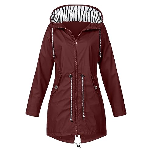 luohaibell Damen-Regenjacke, atmungsaktiv, große Größen, Top, leichte Outdoor-Jacke, mit Kapuze, für Frühling, Jacke, Langarm, Windmantel, Burgunderrot, 42 von luohaibell