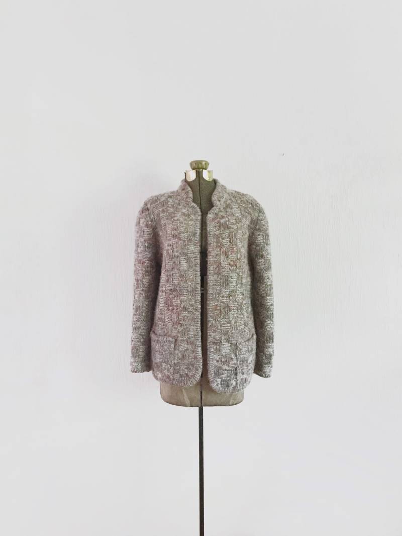 Vintage 70Er 80Er Damen Medium Mohair Wolle Blend Open Cardigan Pullover Jacke Grau Karos Taschen Nordstrom Town Square von luola
