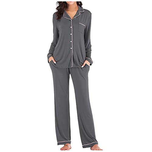 Damen Schlafanzug Lang Pyjama mit Knopfleiste für Schlafanzüge Langarm Zweiteiliger Hausanzug Nachtwäsche Set mit Langarm Shirt von luoluoluo