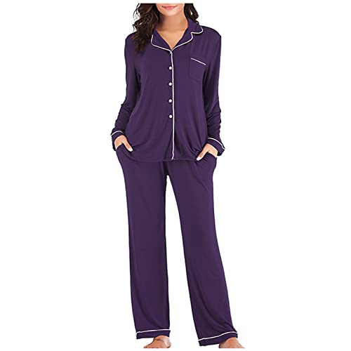 Damen Schlafanzug Lang Pyjama mit Knopfleiste für Schlafanzüge Langarm Zweiteiliger Hausanzug Nachtwäsche Set mit Langarm Shirt von luoluoluo