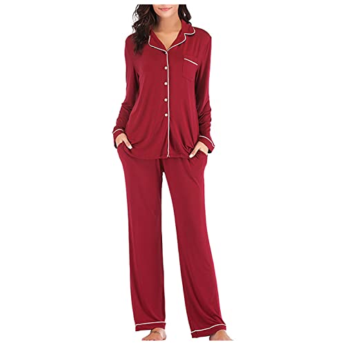 Damen Schlafanzug Lang Pyjama mit Knopfleiste für Schlafanzüge Langarm Zweiteiliger Hausanzug Nachtwäsche Set mit Langarm Shirt von luoluoluo