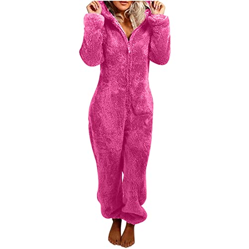 Jumpsuit Damen Teddy Fleece Einteiler Overall Anzug Flauschig Hausanzug Warm Onesie Plüsch Kuschelig Strampler Kapuzen Schlafanzug Lang Schlafoverall von luoluoluo