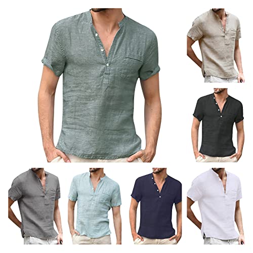 Leinenhemd Herren Kurzarm Leichtes Sommerhemd Strandhemd Sommer Henley Shirt mit Stehkragen Einfarbig Freizeit Kurzarmhemd Sommershirts von luoluoluo