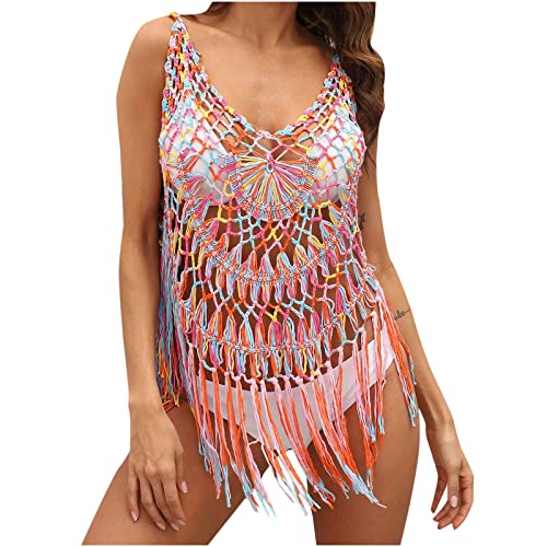 luoluoluo Damen Strand Häkel-Top Boho Einfarbig Aushöhlen Fransen Bikini Cover Up Sexy V-Ausschnitt Strick Bademode Beachkleider von luoluoluo